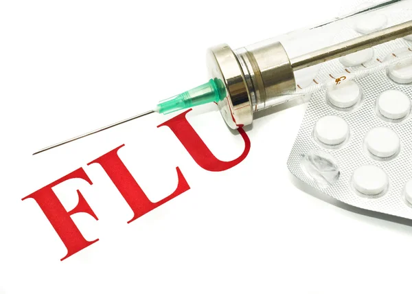 FLU H1N1 - alerta, jeringa y pastillas — Foto de Stock