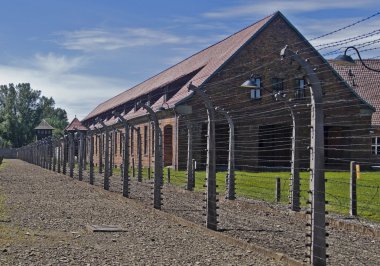 Wire fence and barrack in Auschwitz clipart