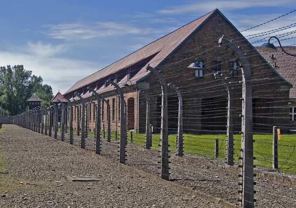 Wire fence and barrack in Auschwitz — Stock Photo, Image