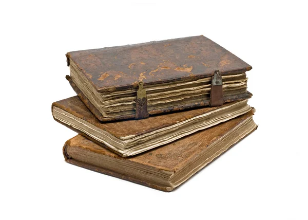 Drei alte ausgefranste Bücher isoliert — Stockfoto
