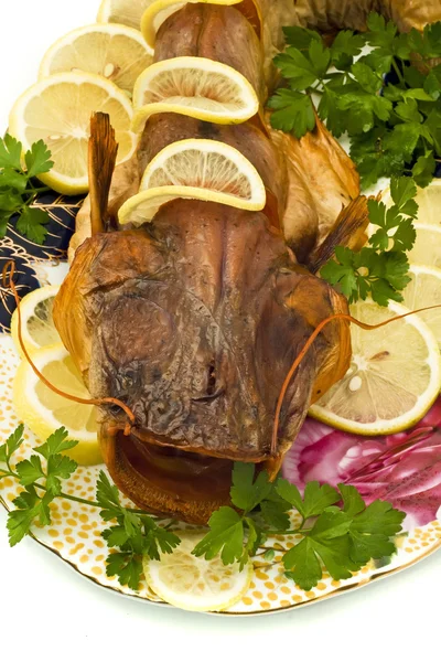 Shore dinner - smoke-dried sheatfish — Stock Photo, Image