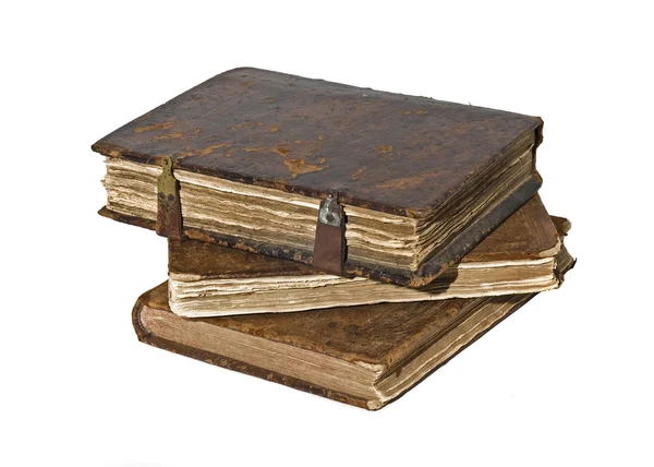 Tre vecchi libri sfilacciati isolati — Foto Stock