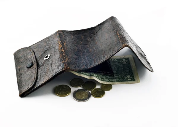 Roztřepený kožená peněženka s jeden dolar — Stock fotografie