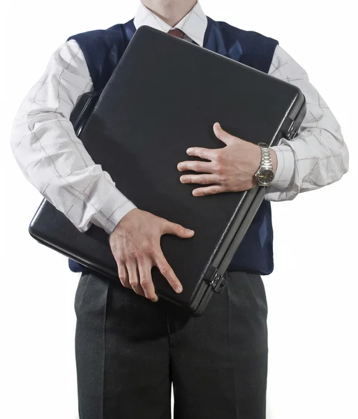 Businessman clasping case to breast — Stock Photo, Image