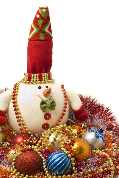 Lovely white snowman and Xmas decoration balls — Stock Photo, Image