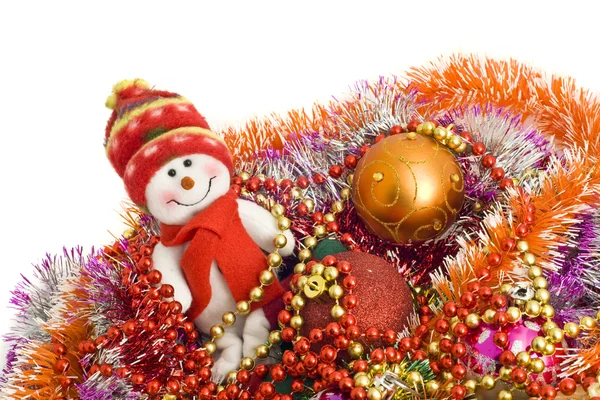 Christmas greetings - Funny snowman and decorati — Stock Photo, Image