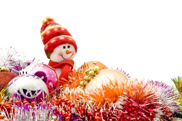 Boneco de neve engraçado e bolas de decoração — Fotografia de Stock