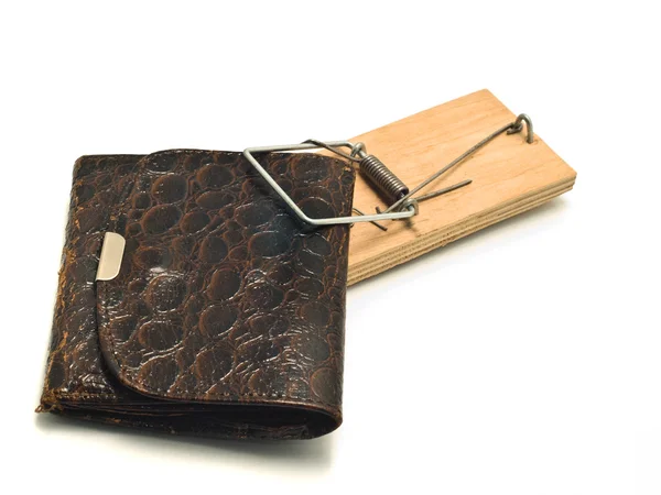 Catch it - wallet or purse in the mousetrap — Stock Photo, Image