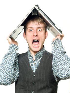 Shocked man with laptop over his head clipart