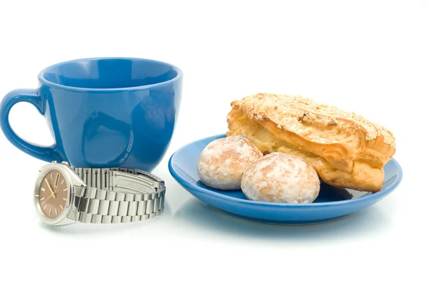 Lunch - Watch, cup and pastry — Stock Photo, Image