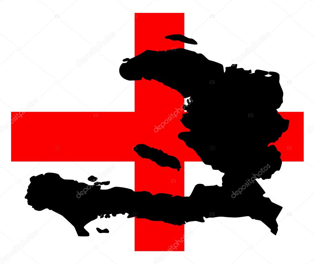 illustration of a black silhouette of Haiti on a red cross