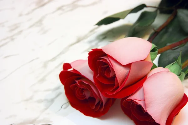 Τρεις τριαντάφυλλα σε ένα μαρμάρινο τραπέζι — Φωτογραφία Αρχείου