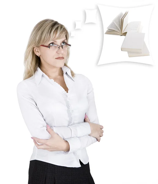 The blonde in glasses thinks of books — Stock Photo, Image