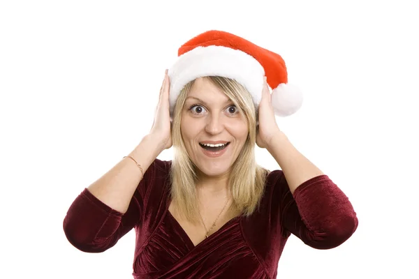 在红色的圣诞帽的敬佩的女人 — 图库照片