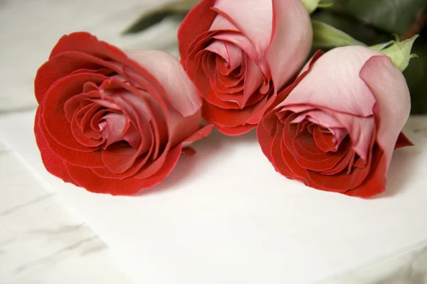 Tre röda rosor och notera — Stockfoto