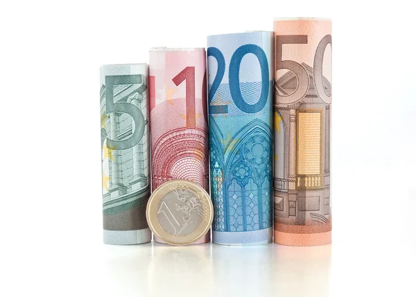 Billetes y monedas laminados en euros — Foto de Stock