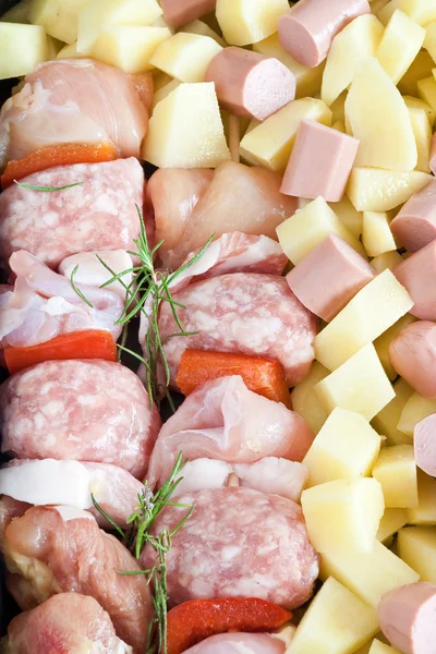 Kebab, wurstel and potatoes — Stock Photo, Image