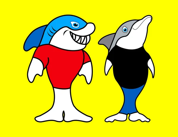 Delfín gris y tiburón — Vector de stock