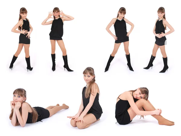 Girl in black dress posing in studio — Stock Photo, Image
