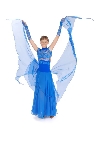 Chica en vestido azul posando en el estudio — Foto de Stock