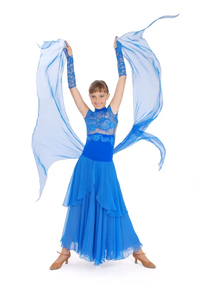 Girl in blue dress posing in studio — Stock Photo, Image
