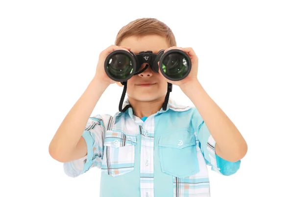Chlapec pozoroval po binocula — Stock fotografie
