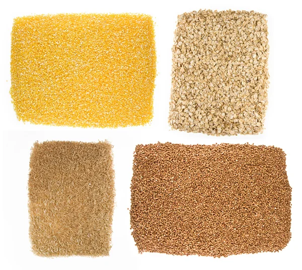 Oatmeal, buckwheat, millet, corn — Stock Photo, Image