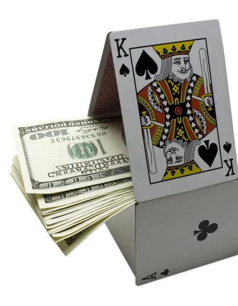 Kaartspel en geld op witte achtergrond — Stockfoto