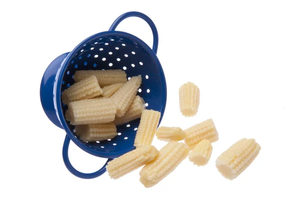 Baby Corn in a Blue Colander — Stock Photo, Image