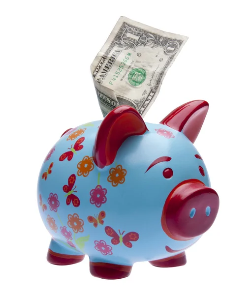 Banco Piggy brilhantemente colorido com dinheiro — Fotografia de Stock