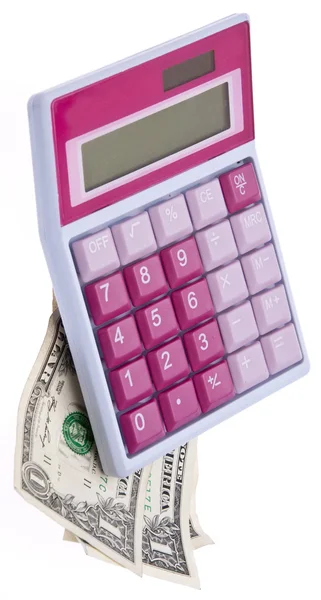 Roze caluclator met geld — Stockfoto