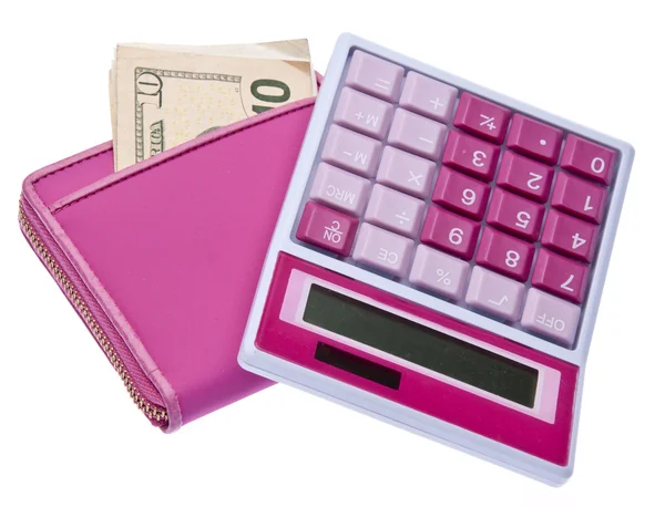 Calculadora rosa com dinheiro preenchido carteira — Fotografia de Stock