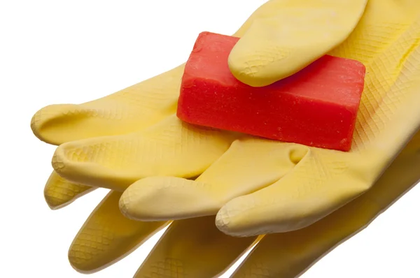 Yellow Cleaning Gloves with Soap — Stock Photo, Image