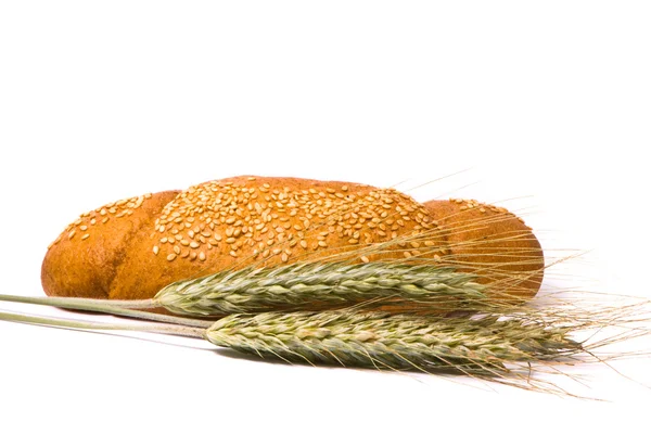 Enkele verse broodje en oren van tarwe — Stockfoto