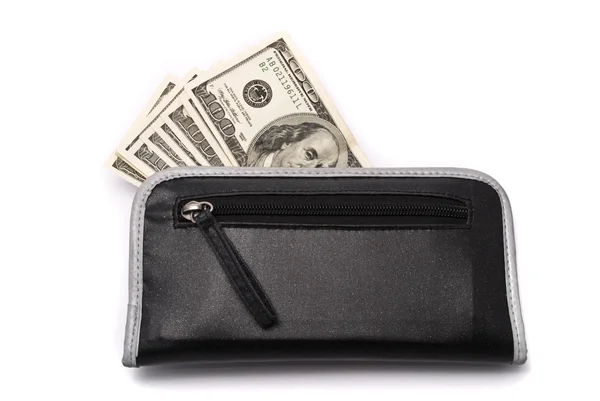 Dinheiro em bolsa no fundo branco — Fotografia de Stock