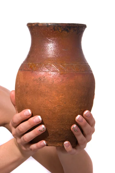 Old jug in woman hand — Stock Photo, Image