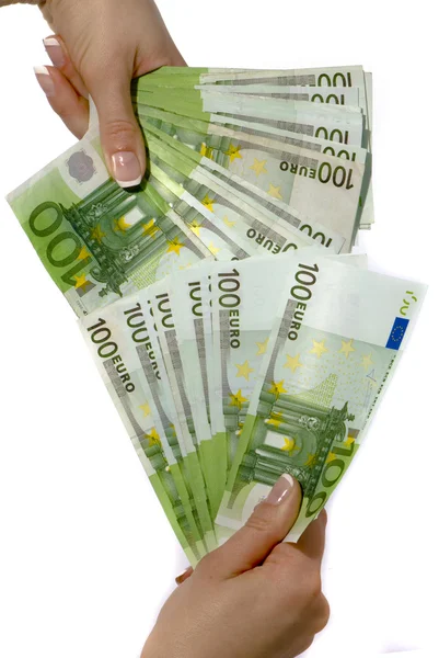 Eurobankovky v ruce ženy — Stock fotografie