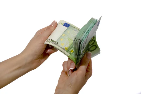 Euro banknotes in woman hand — Stock Photo, Image