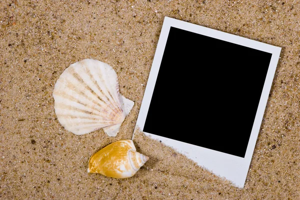 Photo frame with sea shells on sand — Stock Photo, Image
