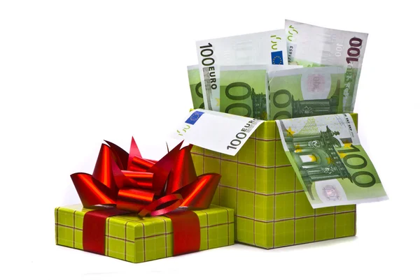 Geld in de doos van de gift — Stockfoto