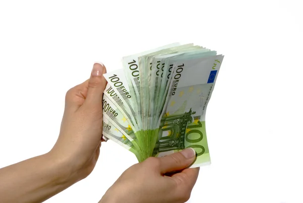 Eurobankovky v ruce ženy — Stock fotografie