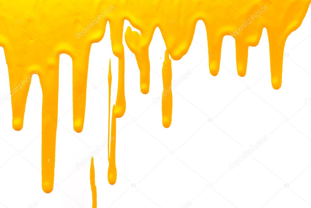 Yellow paint pouring on white background