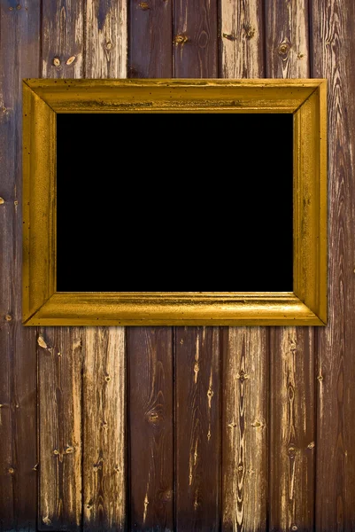 Grunge wood background with gold frame — Stock Photo, Image