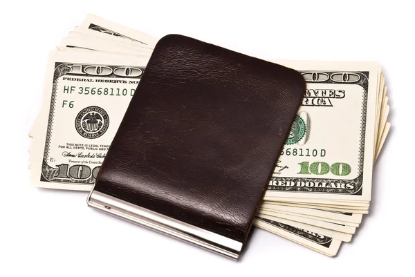Dinero en el bolso en el fondo blanco — Foto de Stock