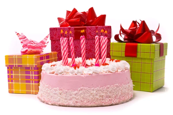 Rosafarbene Torte mit acht Kerzen — Stockfoto