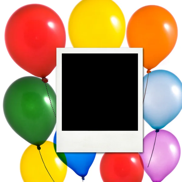Multicolored balloons and photo frame — Stock Photo, Image