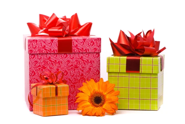 Gerber naranja flores y cajas de regalo —  Fotos de Stock