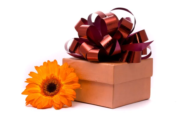 Oranžová Gerbera květiny a dárkové krabice — Stock fotografie