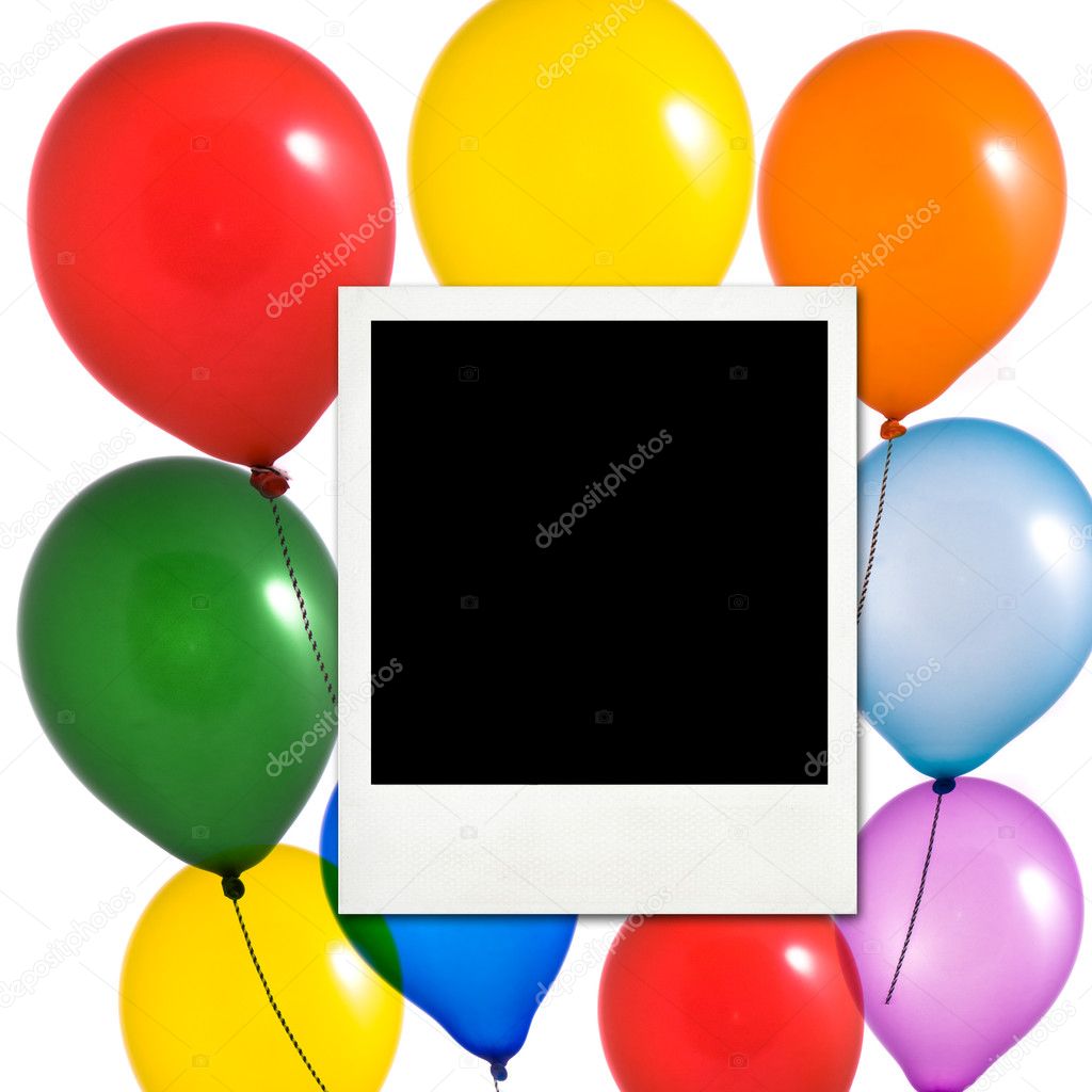 Multicolored balloons and photo frame