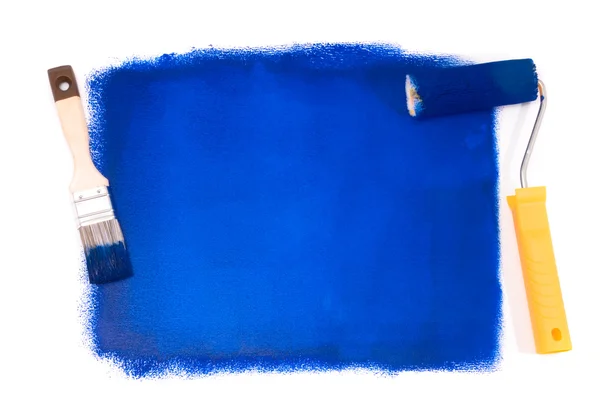 蓝色的 paintroller 和画笔 — 图库照片